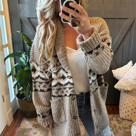 New Western Cowichan Print Long Brown Cardigan Sweater Thick Chunky Knit - Picture 5 of 7